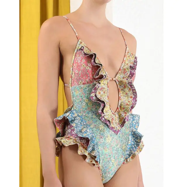 New Print Stitching Ruffled Wave Pattern One piece Swimsuit - Shop at LoveMi