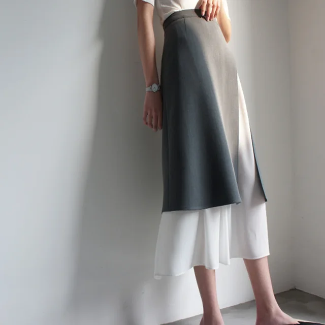 High Waist Double Layer Slit Skirt Elephant Gray And Pearl White Stitching Contrast Color Grey - Shop at LoveMi