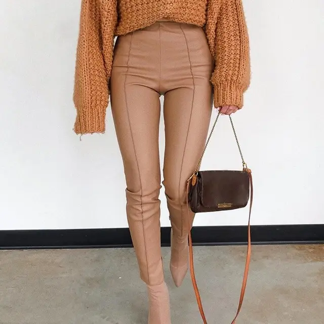 FSDA Fashion PU Leather Pants Khaki Women Casual Zip Khaki - Shop at LoveMi