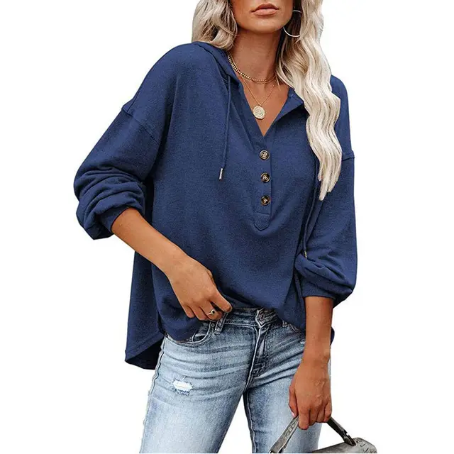 Hoodie Sweater Button Loose Solid Color Long Sleeve Casual Sports Top Blue - Shop at LoveMi