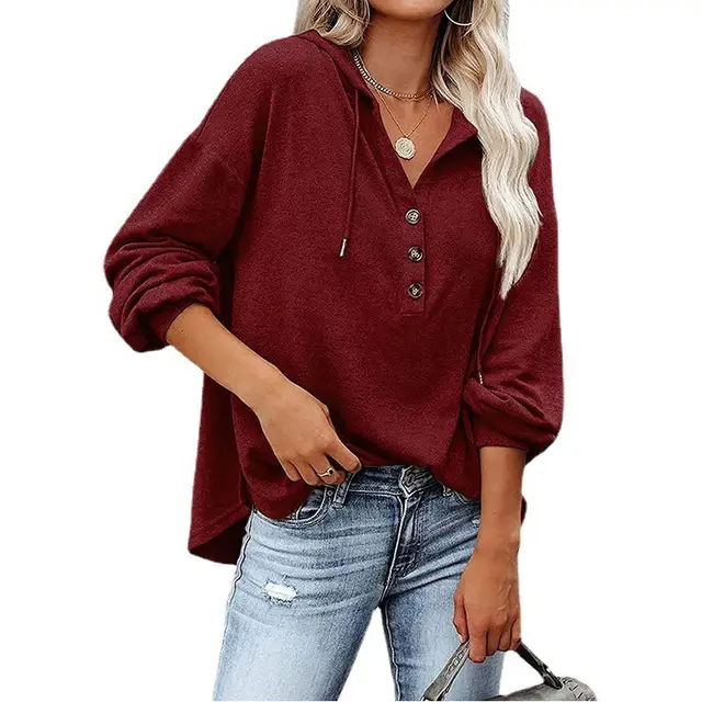 Hoodie Sweater Button Loose Solid Color Long Sleeve Casual Sports Top Red - Shop at LoveMi