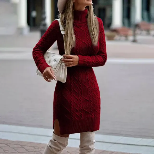 Fashion Turtleneck Knitted Dress With Slit Design Winter Warm Solid Color Pullover Long Sweater Women's Clothing Wine Red - Shop at LoveMi