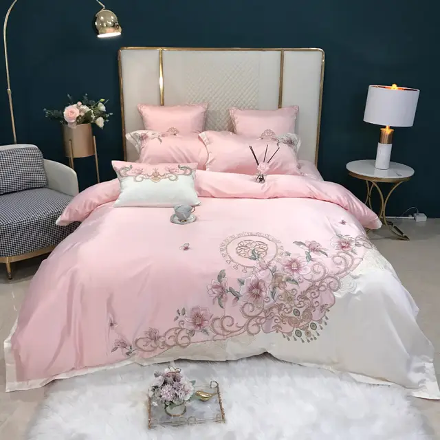 Four piece Color blocking Cotton Embroidered Quilt Cover For Bed Pink - Shop at LoveMi
