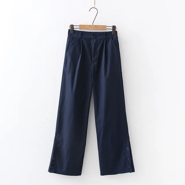 Straight Trousers, Simple Button type Slit Women's Trousers Dark Blue - Shop at LoveMi