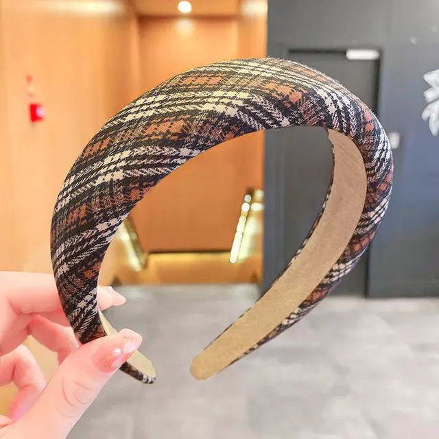 Retro College Style Sponge Headband Women Brown And White Plaid - Shop at LoveMi