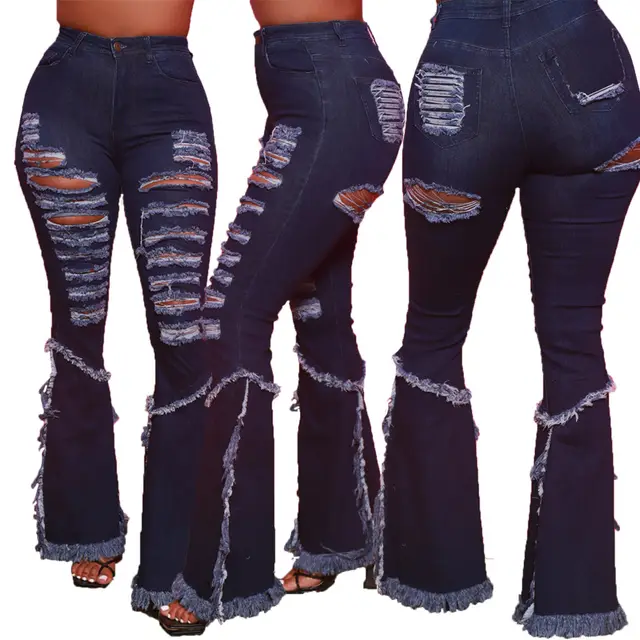 Raw edged Ripped Flared Jeans Dark Blue - Shop at LoveMi