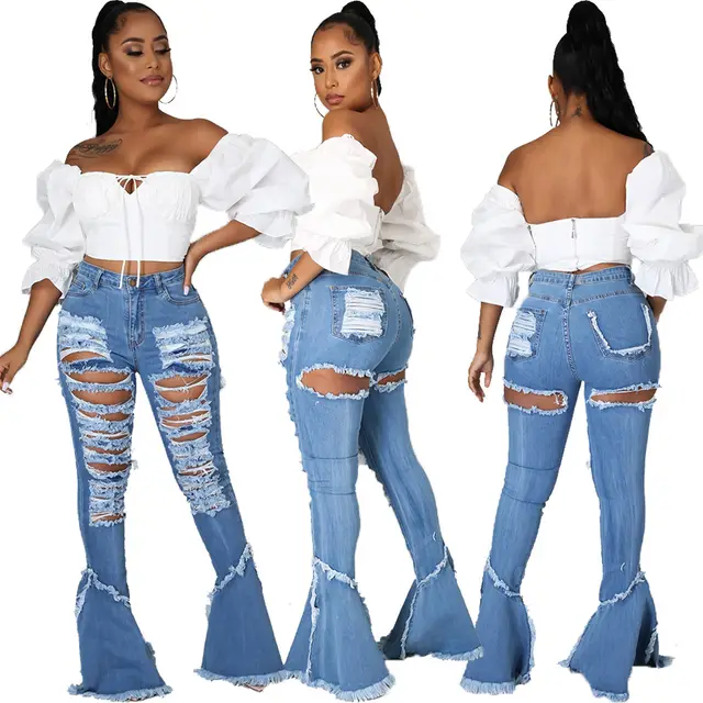 Raw edged Ripped Flared Jeans Royal Blue - Shop at LoveMi