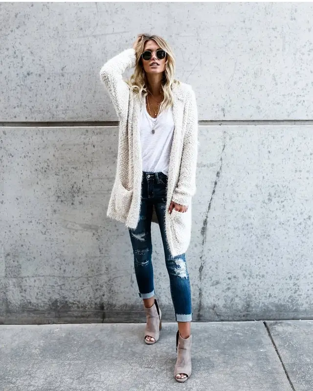 Women's New Mid length Cardigan Solid Color Plush Hooded Jacket White - Shop at LoveMi