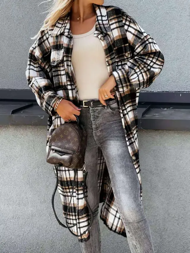 New Style Lengthened Plaid Shirt Jacket Women's Coffee - Shop at LoveMi