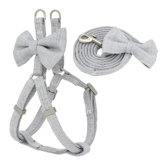 Dog Harness Leash Collar Set Adjustable Soft Cute Bow Grey - Shop at LoveMi