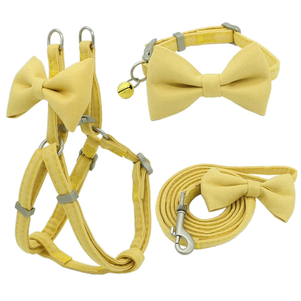 Dog Harness Leash Collar Set Adjustable Soft Cute Bow Yellow 3Pieces Set - Shop at LoveMi