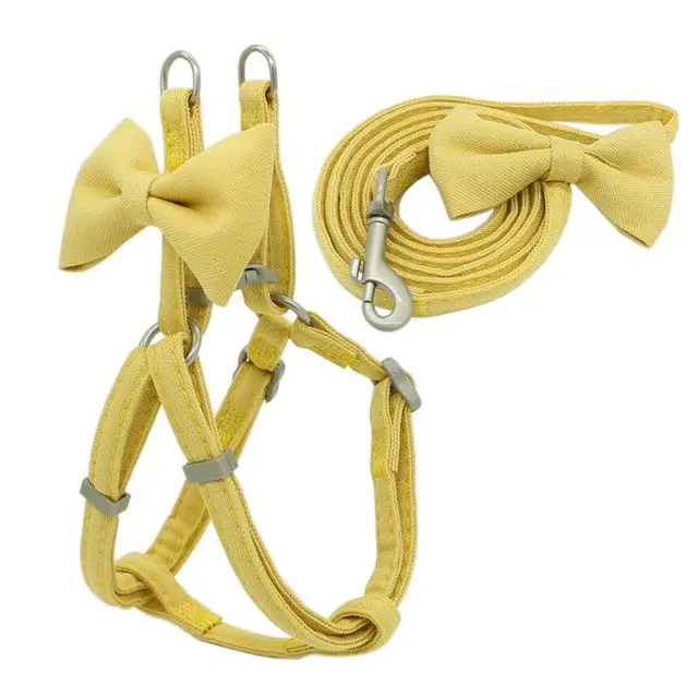 Dog Harness Leash Collar Set Adjustable Soft Cute Bow Yellow - Shop at LoveMi