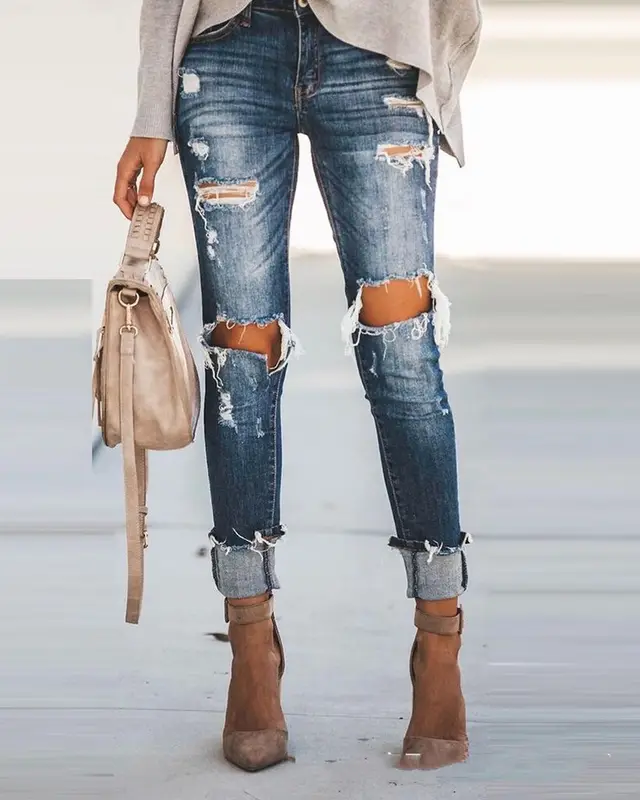 High waisted Stretch Jeans With Ripped Feet And Slimming Blue - Shop at LoveMi