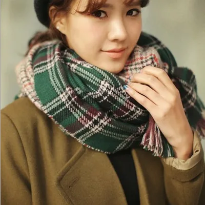 Faux Cashmere Double Faced Plaid Blanket Scarf Dark Green Grid - Shop at LoveMi