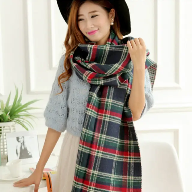 Faux Cashmere Double Faced Plaid Blanket Scarf Navy Blue Lattice - Shop at LoveMi