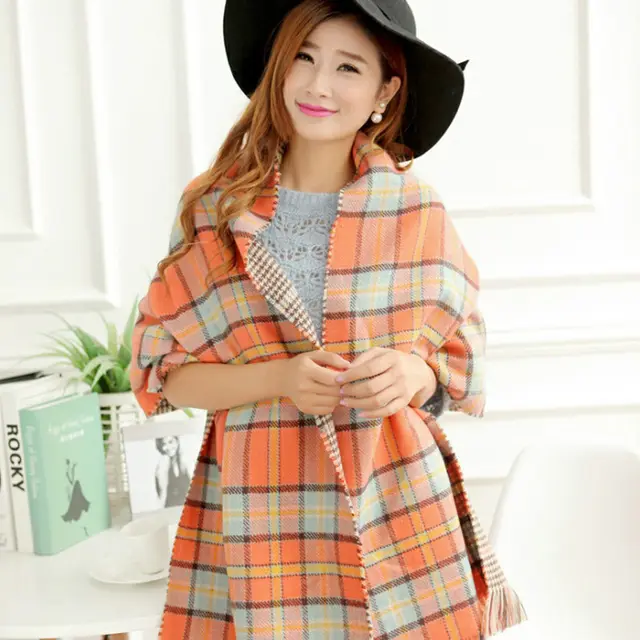 Faux Cashmere Double Faced Plaid Blanket Scarf Orange Grid - Shop at LoveMi