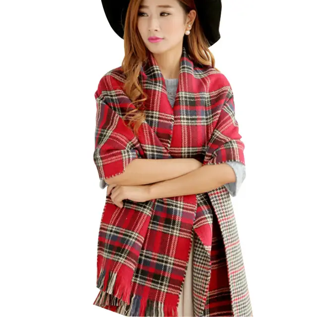 Faux Cashmere Double Faced Plaid Blanket Scarf Red Rice Grid - Shop at LoveMi