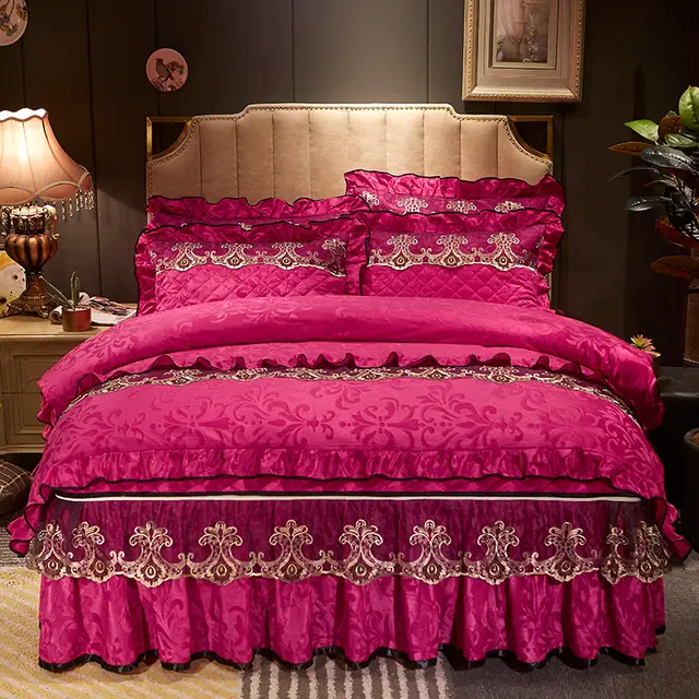 Velvet Bed Skirt Four piece Quilted Padded Bed Cover Bedspread Rose Red - Shop at LoveMi
