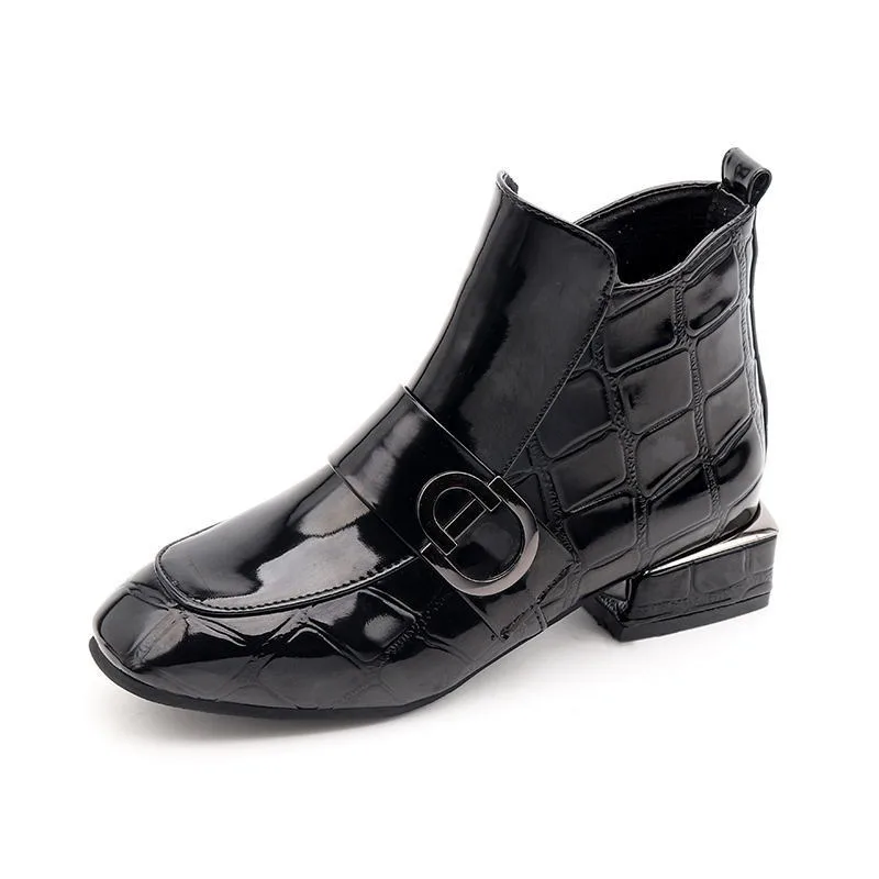 Ankle Boots Women Shoes Plus Velvet Low heeled Pu Leather Pointed Thick Black - Shop at LoveMi