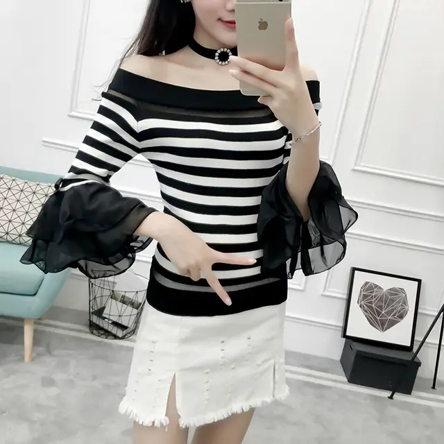 Women's Flared Sleeve Knit One neck Off the shoulder Top Black Stripes - Shop at LoveMi