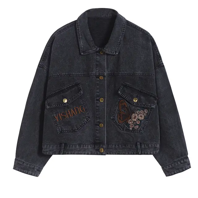 New Retro Letter Butterfly Embroidery Loose Crop Top Black - Shop at LoveMi