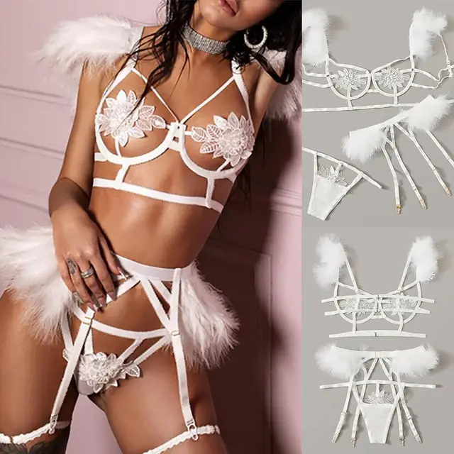 Explosive Style Fun Feather Strap Stitching Three piece Set White - Shop at LoveMi