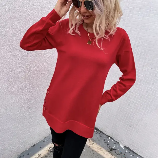 Women Sweater Round Neck Button Solid Color Split Red - Shop at LoveMi