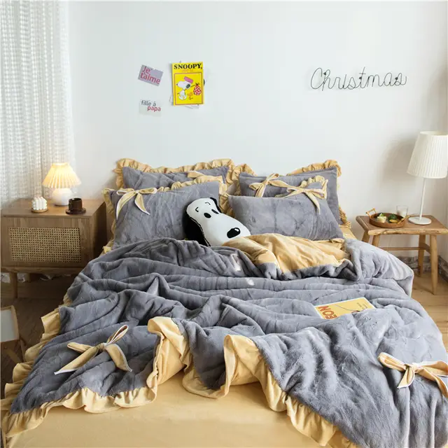 Quilt Cover Three piece Princess Style Solid Color Bed Sheet Grey - Shop at LoveMi