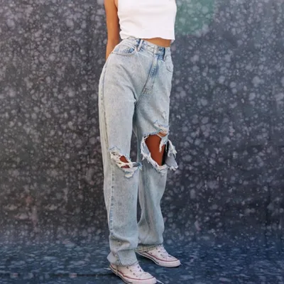 European And American Ladies Jeans Ripped Holes Show Thin Denim Light Blue - Shop at LoveMi