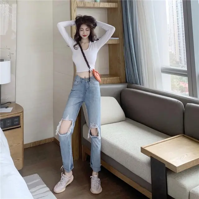 Women's High waist style All match Ripped Jeans Blue - Shop at LoveMi