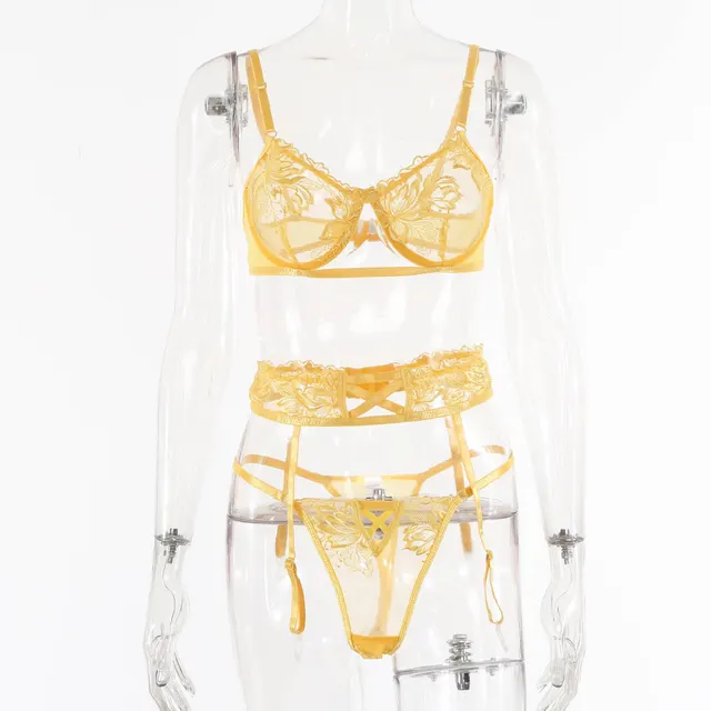Nightclub Women's Lace Perspective Sexy Three piece Underwear Yellow - Shop at LoveMi