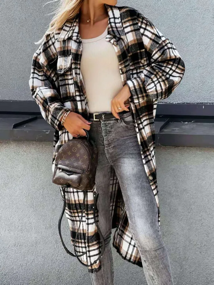 Explosive New Lengthened Plaid Shirt Coffee - Shop at LoveMi