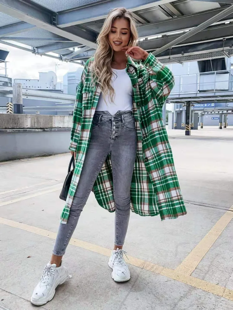 Explosive New Lengthened Plaid Shirt - Green
