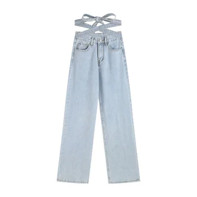 Fashion Thin Straight Loose Design Wide Leg Trousers With Straps Blue - Shop at LoveMi