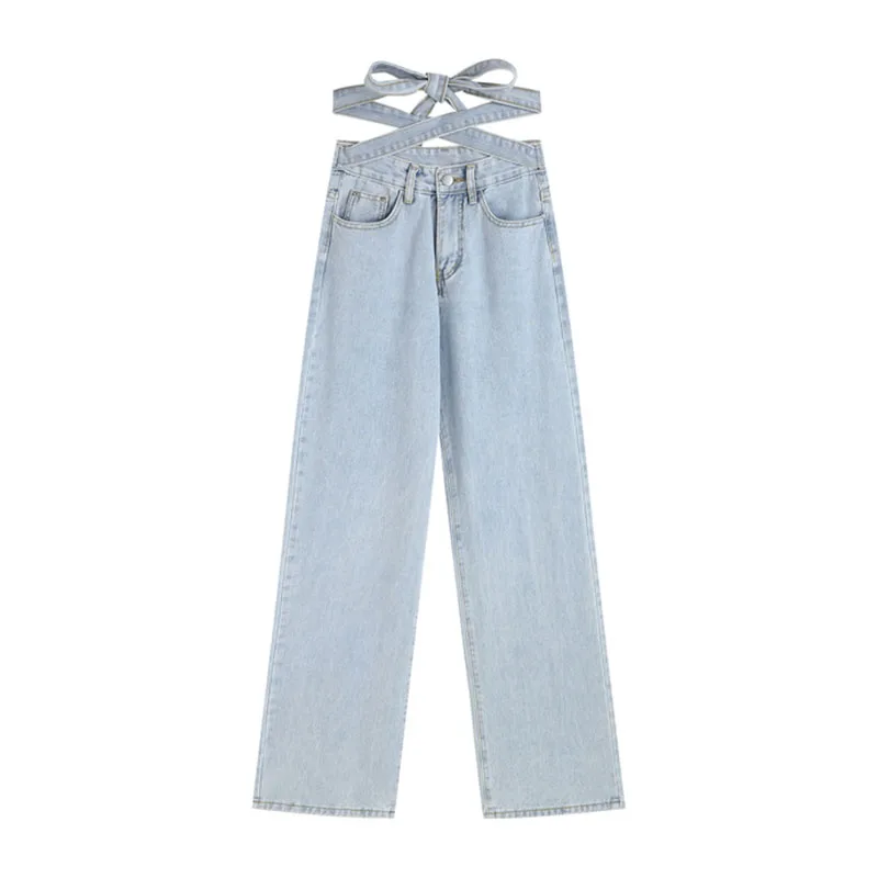 Fashion Thin Straight Loose Design Wide Leg Trousers With Straps - Blue