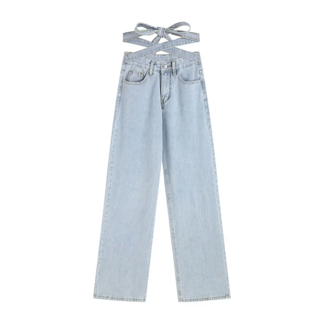 Fashion Thin Straight Loose Design Wide Leg Trousers With Straps Blue - Shop at LoveMi