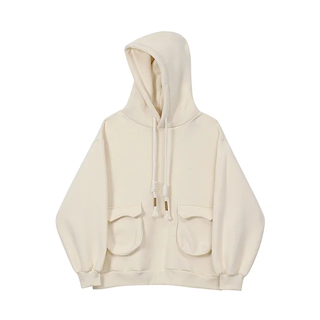 Women's Fall Loose Hooded Drawstring Pullover Long Sleeve Top Beige - Shop at LoveMi