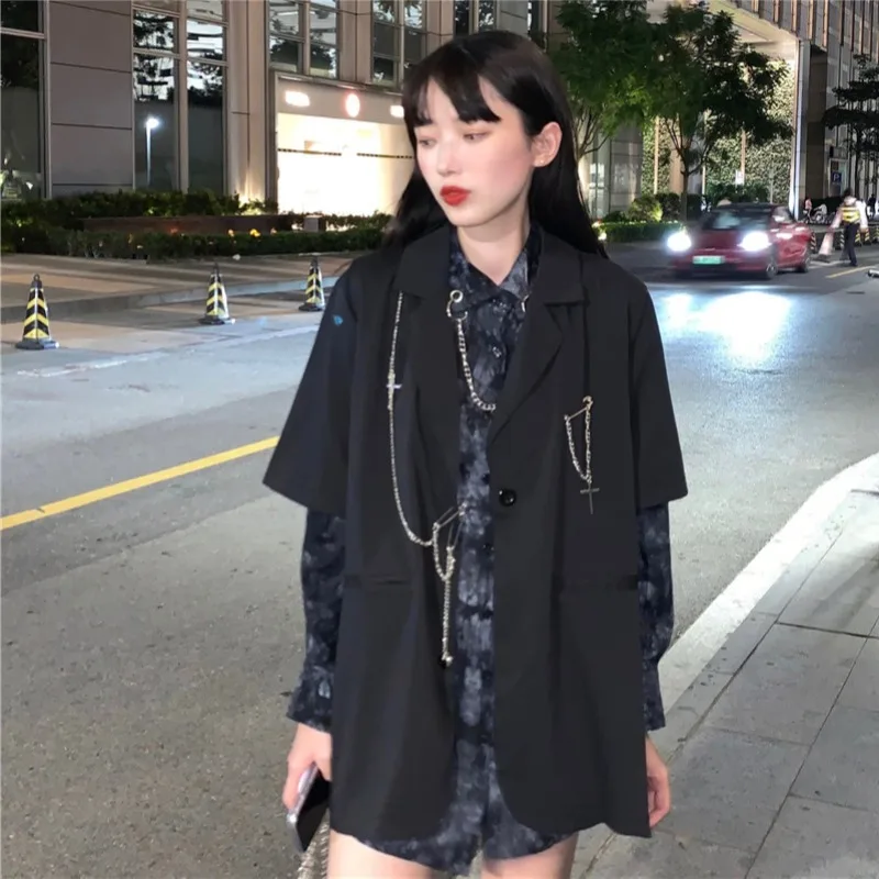 Long sleeved Tie dye Chain Shirt Personalized Short sleeved Suit Was Thin Black Black Suit - Shop at LoveMi