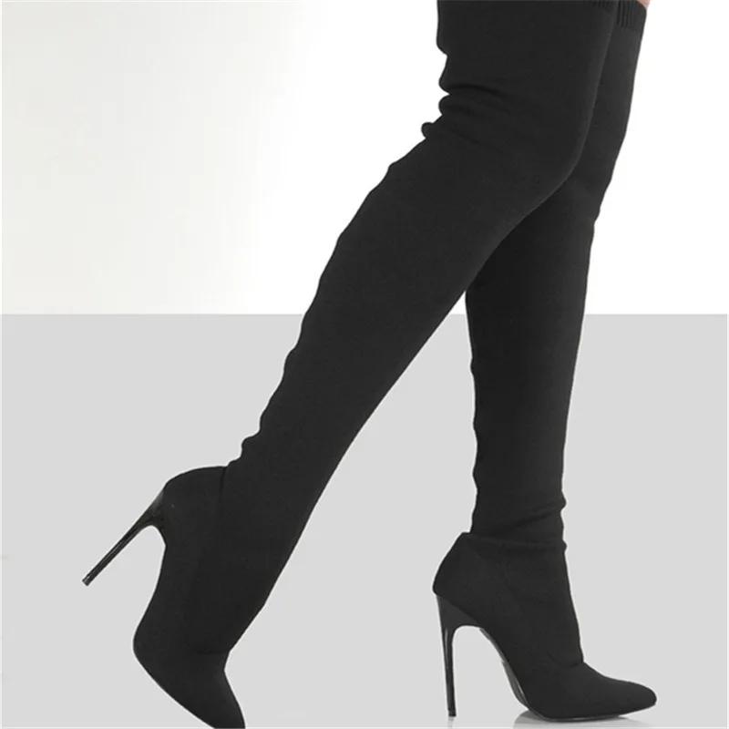Women's High-heel Knit Over-the-knee Boots - Black
