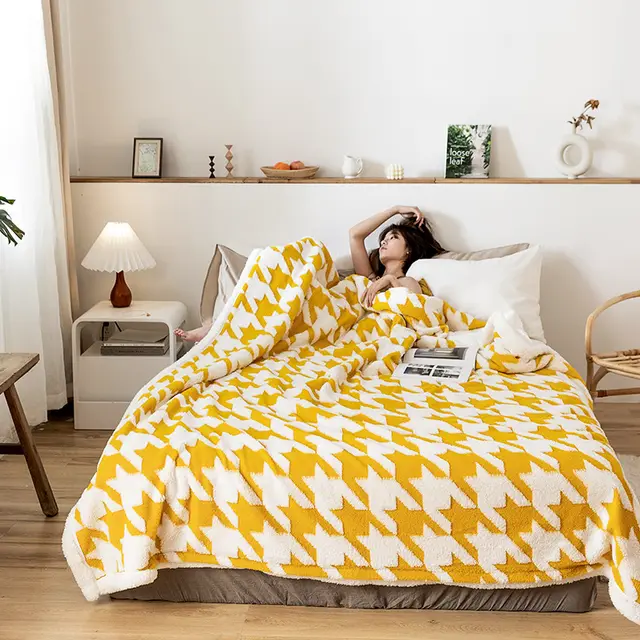 Shu Cotton Velvet Jacquard Blanket Student Dormitory Thick Cover Houndstooth Yellow - Shop at LoveMi