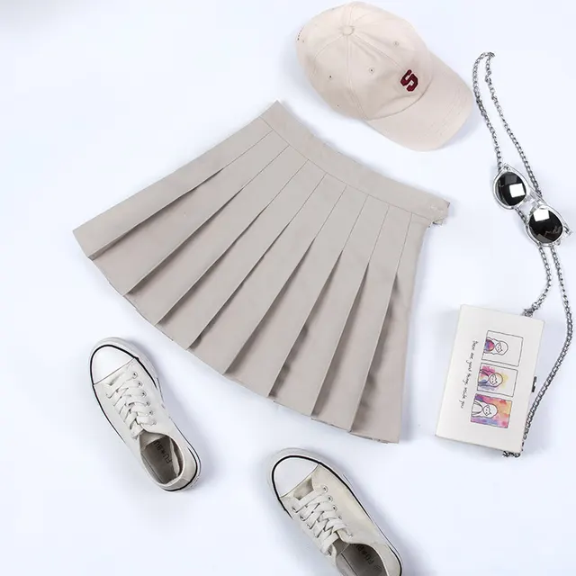 Purple Solid Color Pleated Skirt Summer Female High waist Wine Red A line Skirt Half length Beige - Shop at LoveMi