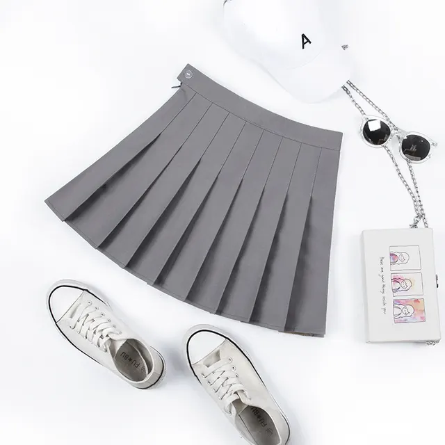 Purple Solid Color Pleated Skirt Summer Female High waist Wine Red A line Skirt Half length Grey - Shop at LoveMi