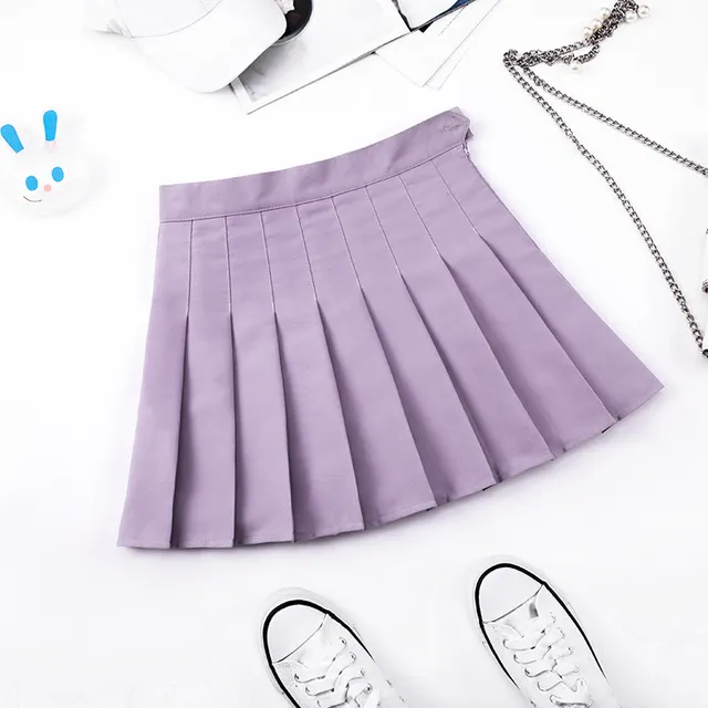 Purple Solid Color Pleated Skirt Summer Female High waist Wine Red A line Skirt Half length Purple - Shop at LoveMi