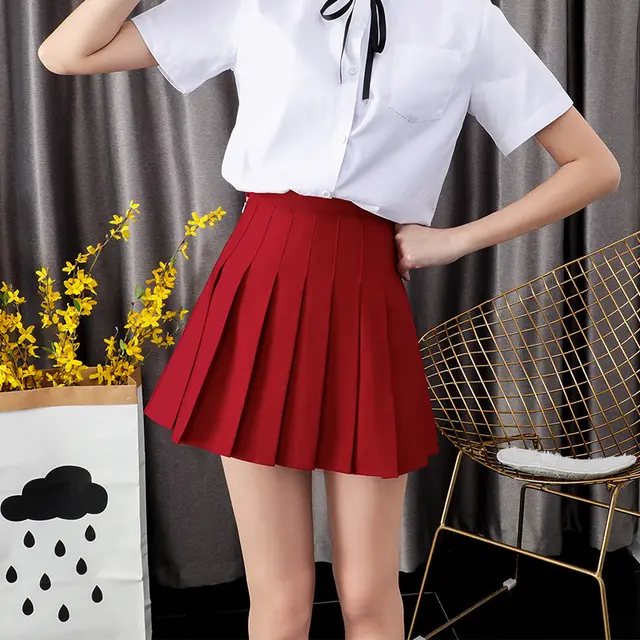 Purple Solid Color Pleated Skirt Summer Female High waist Wine Red A line Skirt Half length Red - Shop at LoveMi