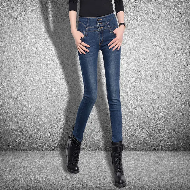 Spring And Autumn Korean Style High Waist Slim Slimming High Stretch Cotton Jeans Blue - Shop at LoveMi