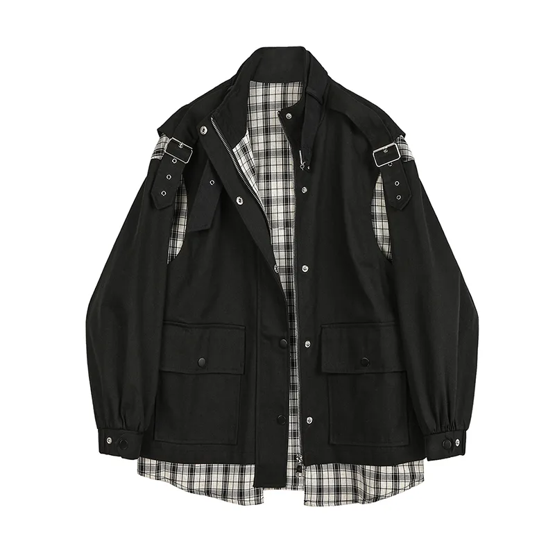 Contrasting Color Stitching Plaid Fake Two piece Denim Jacket Women Black - Shop at LoveMi