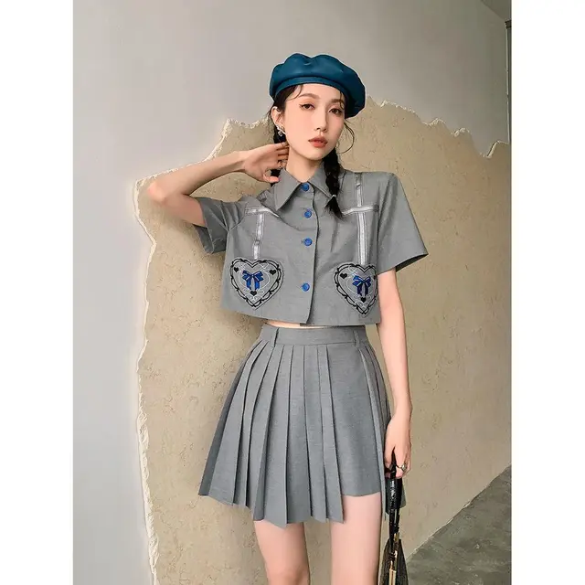 Soft Girl Short sleeved Lapel Top And High waist Pleated Skirt Top Skirt - Shop at LoveMi
