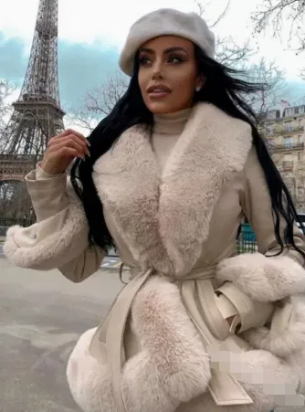 Collar Tie Waist Windbreaker Stitching Slim Long sleeved Jacket Beige - Shop at LoveMi