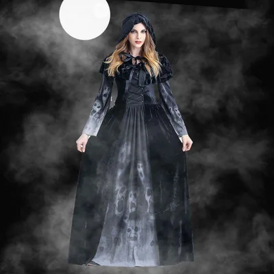 Halloween Women Medieval Gothic Witch Maleficent Horror Scary Cosplay Costume Carnival Party Ghost Long Black Hooded Dress Vampire - Shop at LoveMi