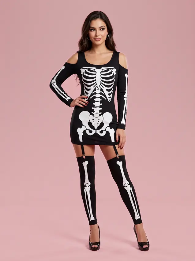 Cold Shoulder Skeleton Costume Mini Dress for Women Black - Shop at LoveMi